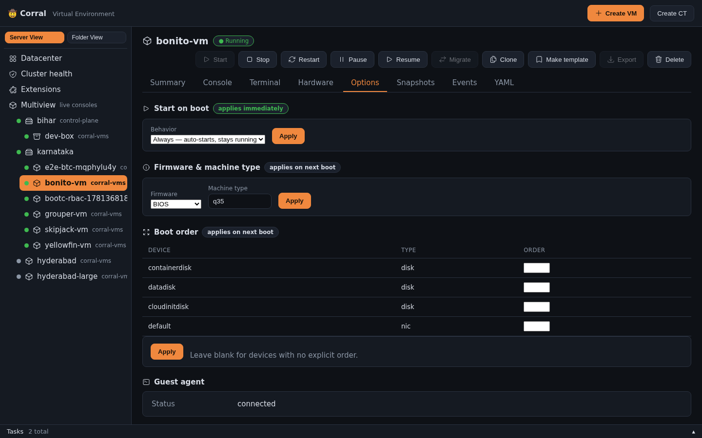 Per-VM boot options editor — start-on-boot, firmware, boot order